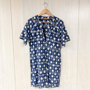 Oliphant Dress Shift Blue White Silver Metallic Short Sleeve w/ Pockets